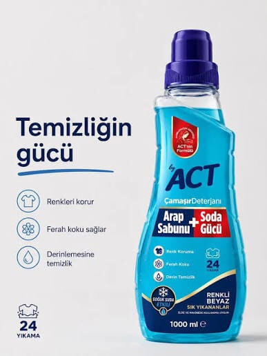 Act Çamaşır Deterjanı Arap Sabunu+Soda 1000ml