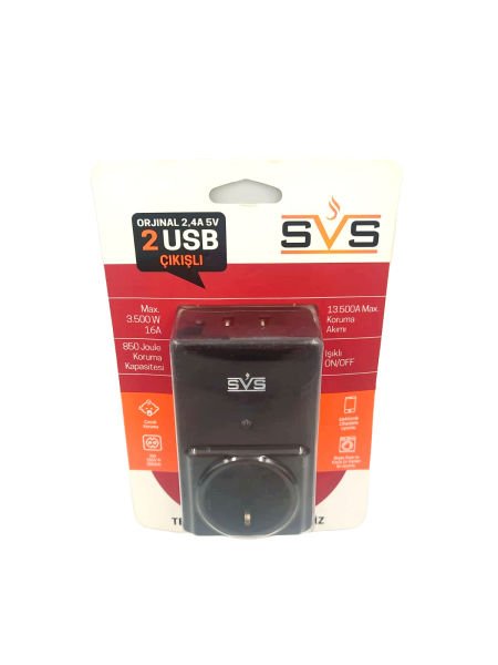 Svs 2 Usb Çıkışlı Tekli Akım Korumalı Siyah